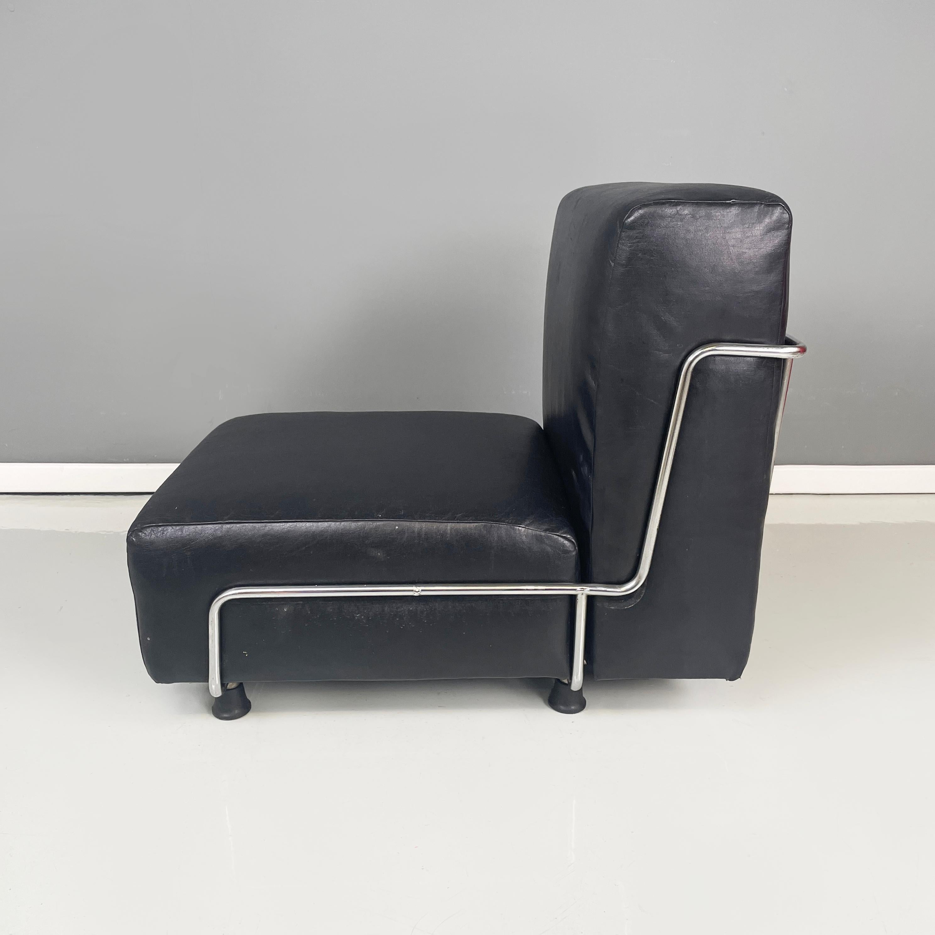 Modern Italian modern squared armchair in black leather and metal, 1980s For Sale