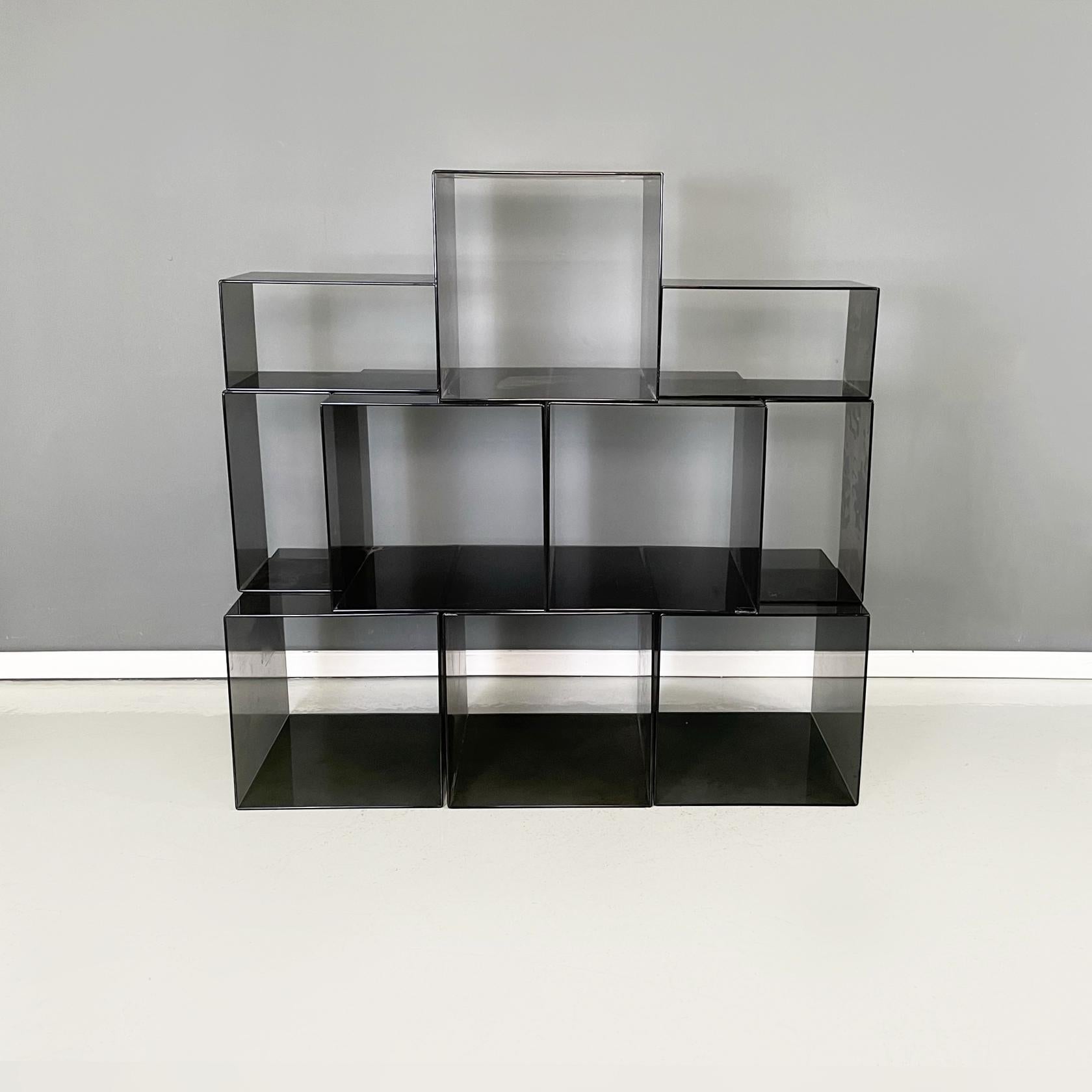 Modern Italian modern Squared modular bookcase or display in smoked plexiglass, 1990s For Sale