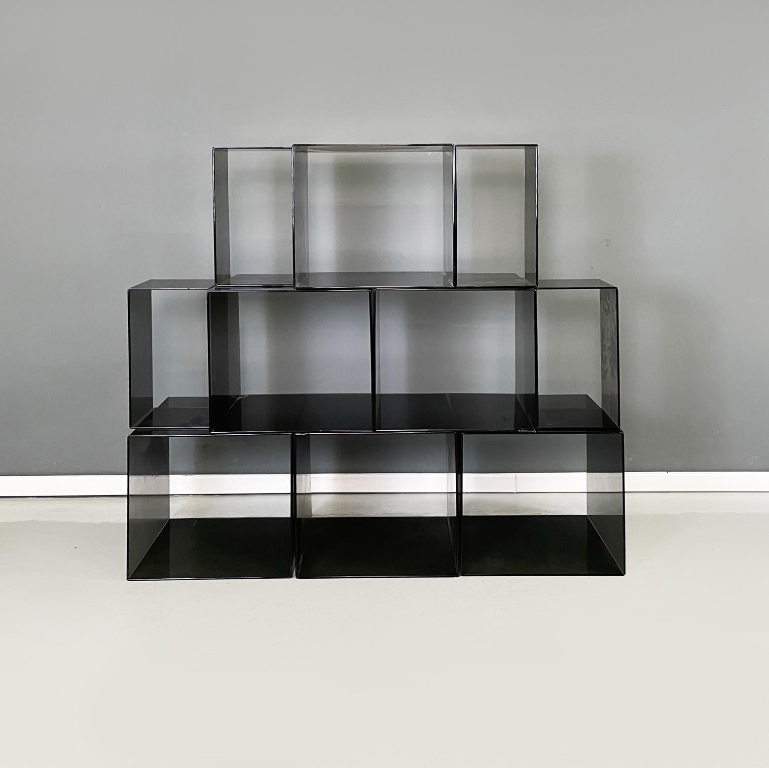 Late 20th Century Italian modern Squared modular bookcase or display in smoked plexiglass, 1990s For Sale