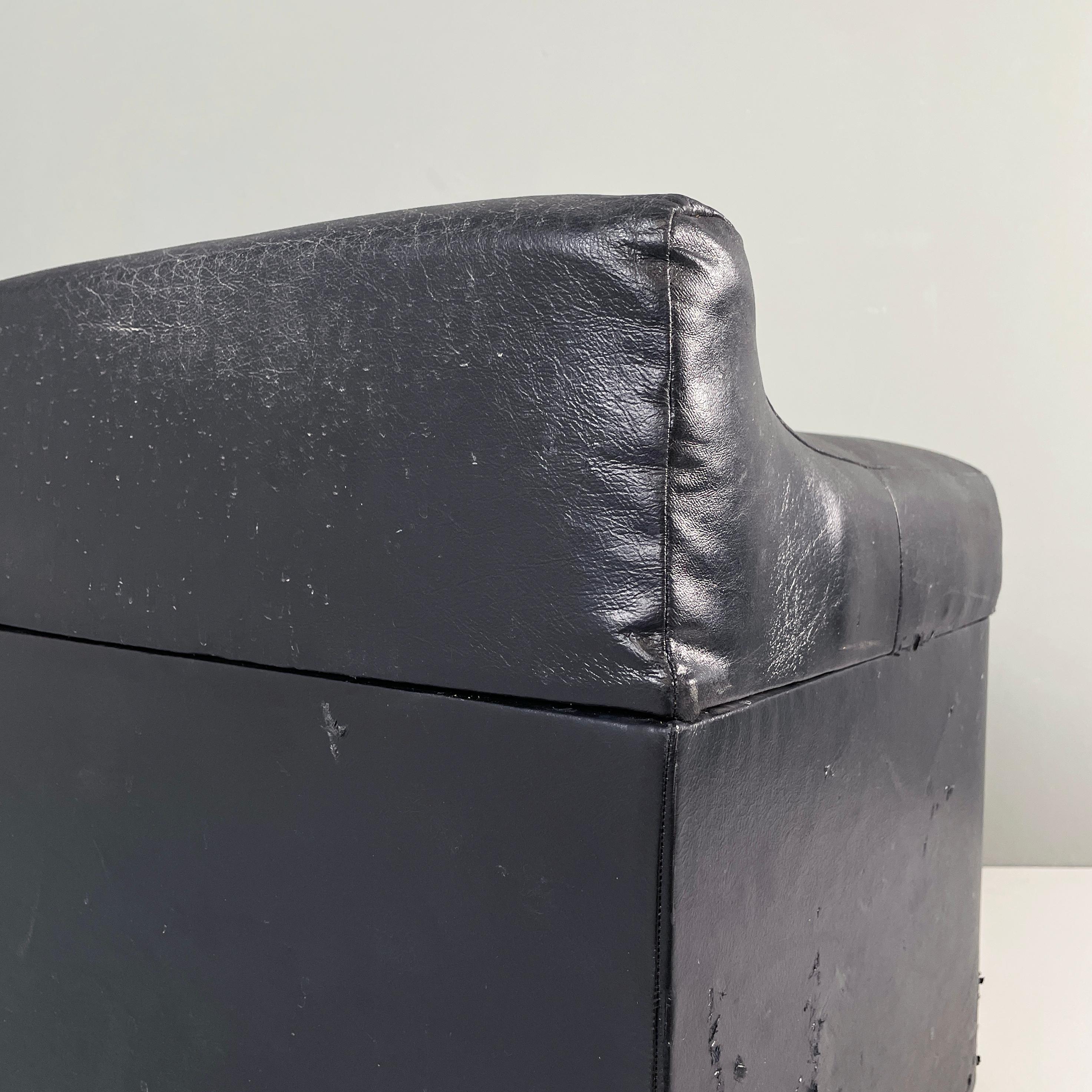 Italian modern Squared stool in black faux leather with wheels, 1980s For Sale 6