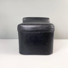 Italian modern squared stool in black faux leather with wheels, 1980s