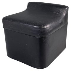 Vintage Italian modern Squared stool in black faux leather with wheels, 1980s