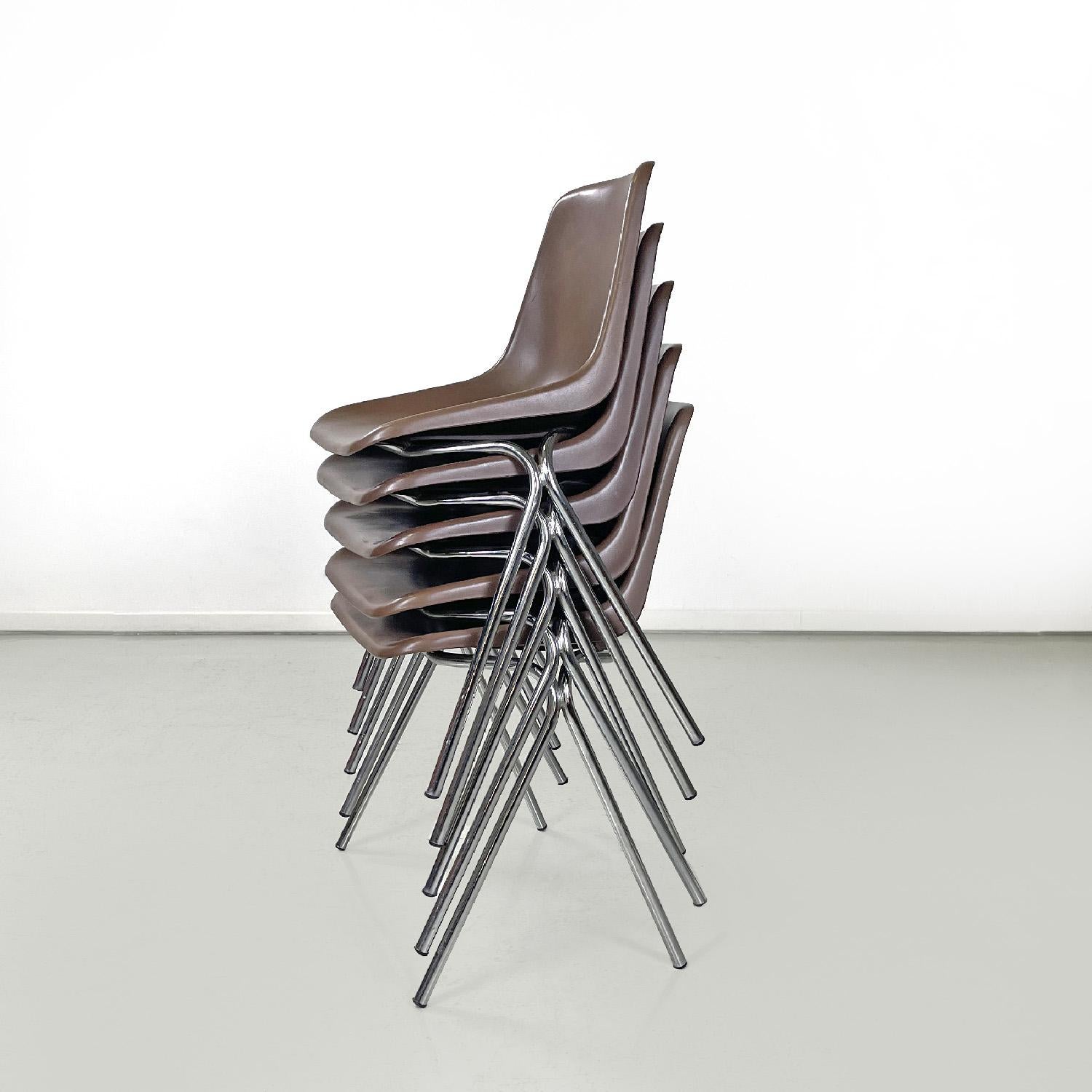 Metal Italian modern stackable chairs by Proinco in brown plastic, 1970s For Sale