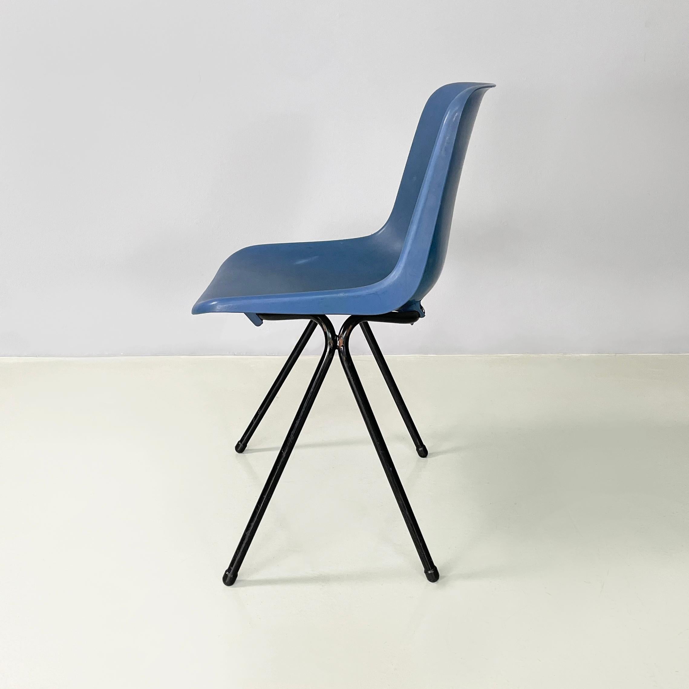 Italian modern Stackable chairs in blue plastic and black metal, 2000s In Fair Condition For Sale In MIlano, IT
