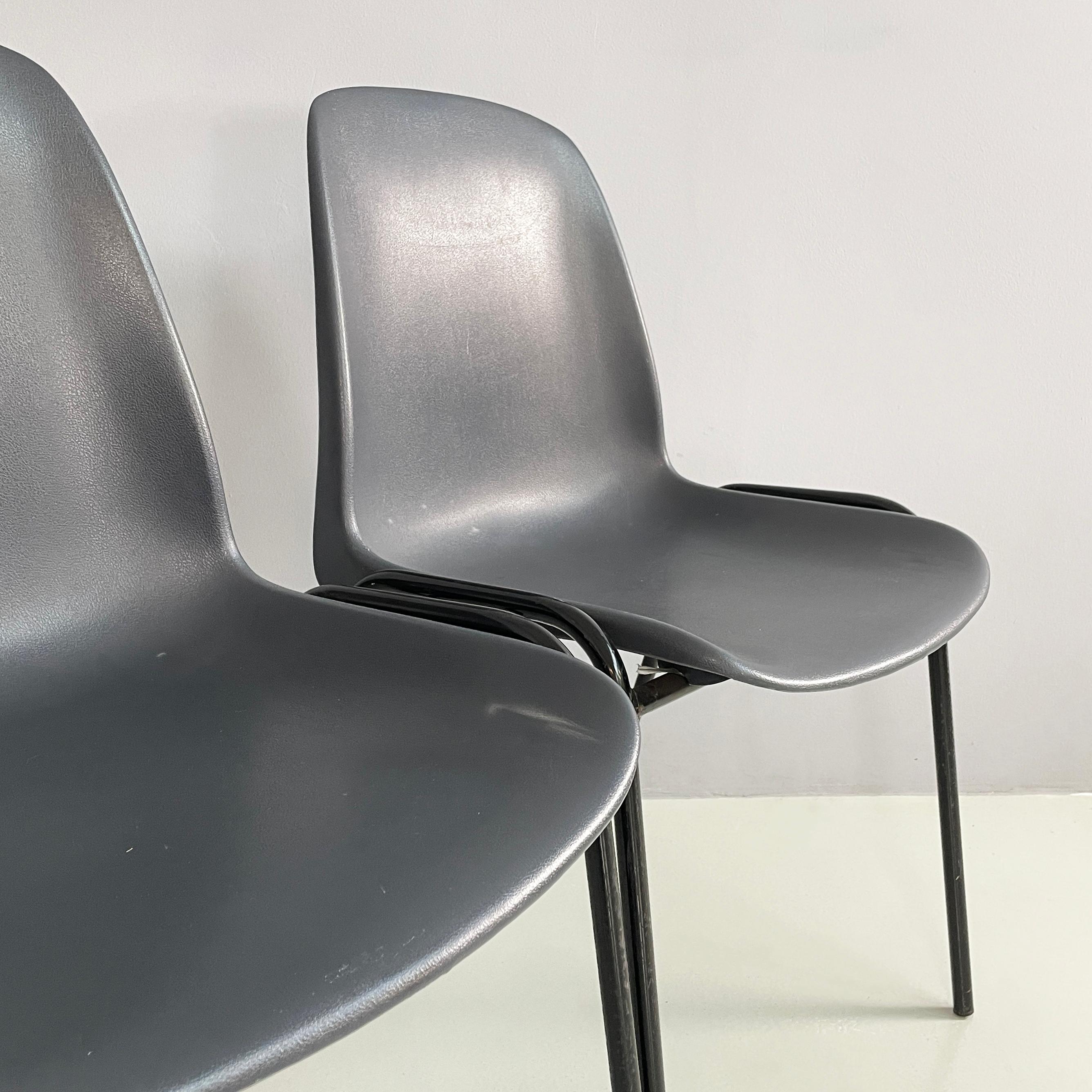 Plastic Italian modern Stackable chairs in gray plastic and black metal, 2000s For Sale