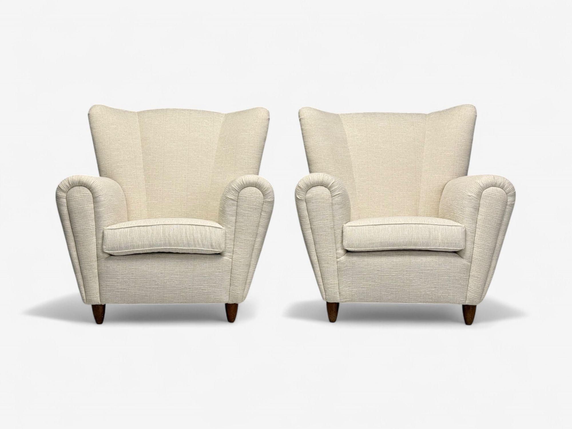 Italian Mid-Century Modern, Stained Wood, Beige Tweed Fabric, Club Chairs, Italy, 1940s

Pair of oversized modernist club chairs designed and produced in 20th century Italy. Each example has been newly re-upholstered in a textured white and beige