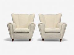 Italian Modern, Stained Wood, Beige Tweed Fabric, Club Chairs, Italy, 1940s