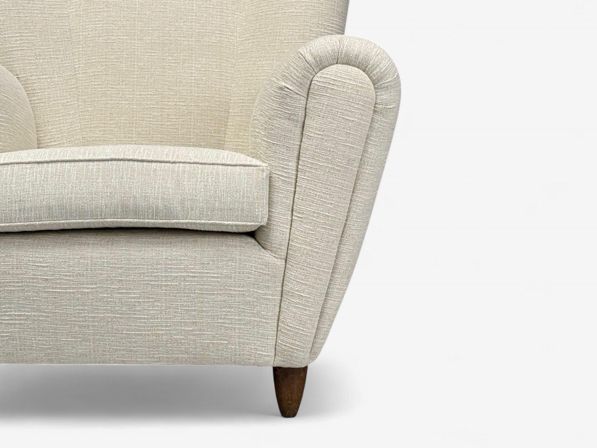 Italian Modern, Stained Wood, Beige Tweed Fabric, Club Chairs, Italy, 1940s For Sale 2