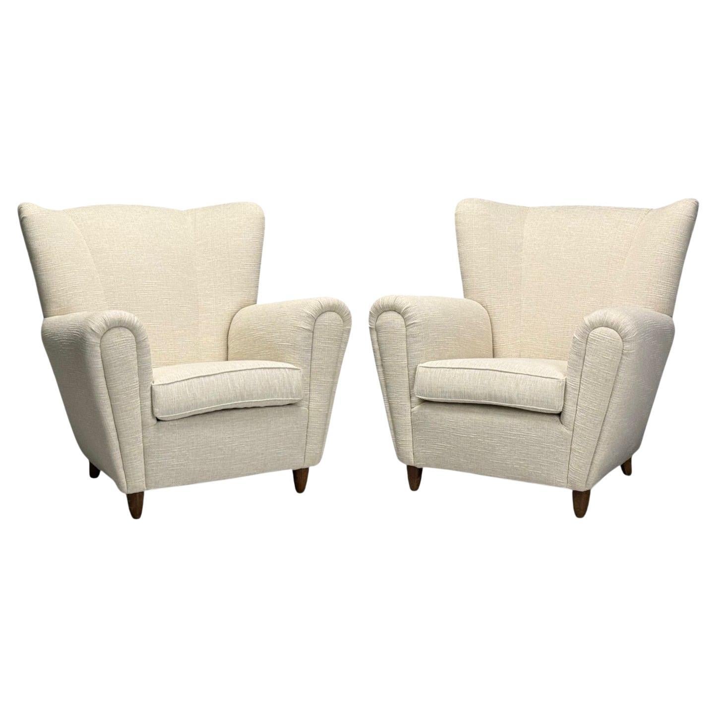 Italian Modern, Stained Wood, Beige Tweed Fabric, Club Chairs, Italy, 1940s For Sale