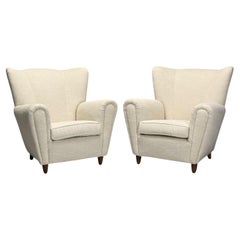 Italian Modern, Stained Wood, Beige Tweed Fabric, Club Chairs, Italy, 1940s