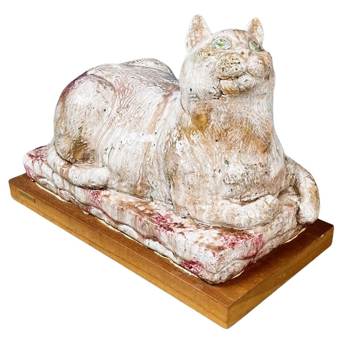 Italian Modern Statue of Cat in Red and White Terracotta by M. Moretto, 1980s For Sale