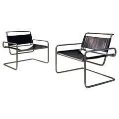 Italian modern steel and black leather armchairs, Luigi Saccardo for Armet 1970s