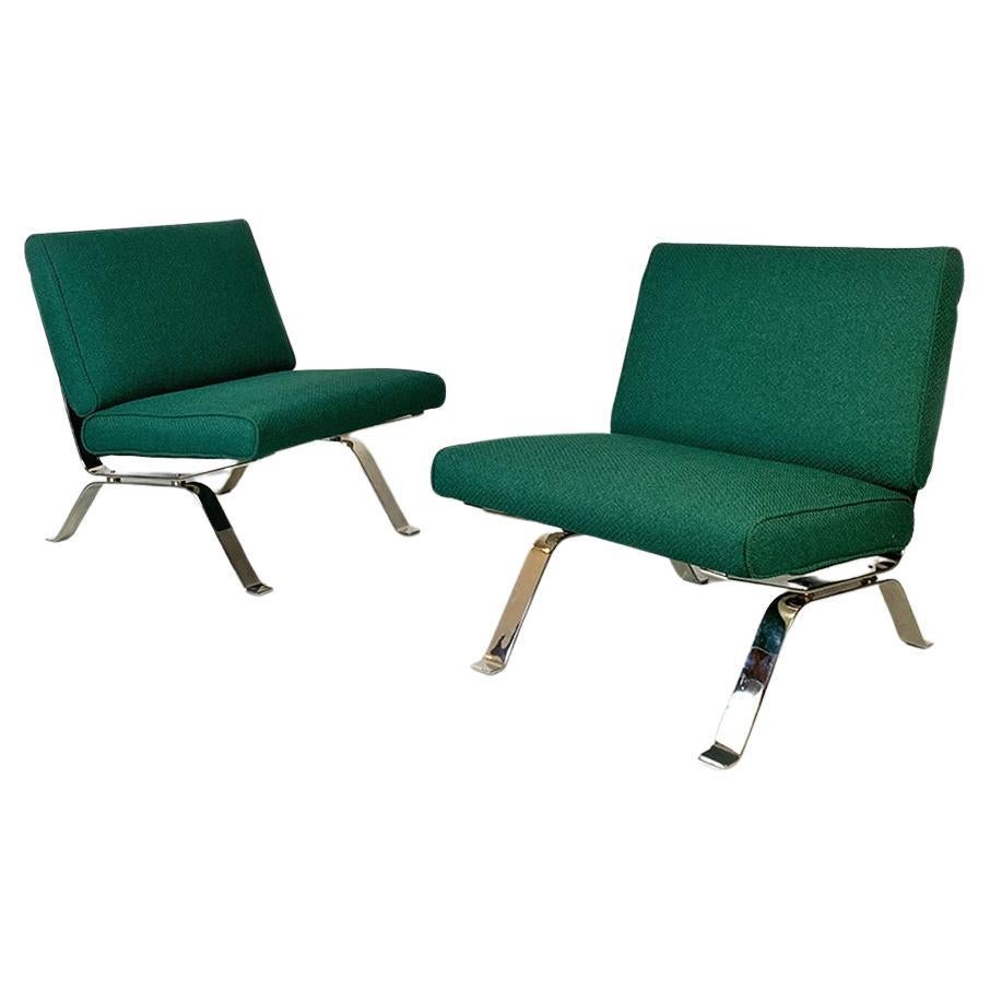 Italian Modern Steel and Green Cotton Armchairs, Gastone Rinaldi for RIMA, 1970s For Sale