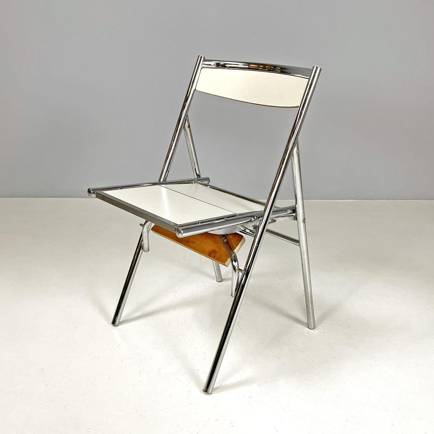 Italian modern steel and white laminate chair convertible into a ladder, 1970s
Chair convertible into ladder. The structure is in chromed metal and the seat and backrest, as well as the steps, are in white formica. By moving elements of the