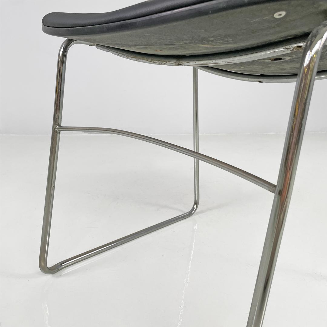 Italian modern steel rod and black leatherette chairs, 1970s For Sale 4