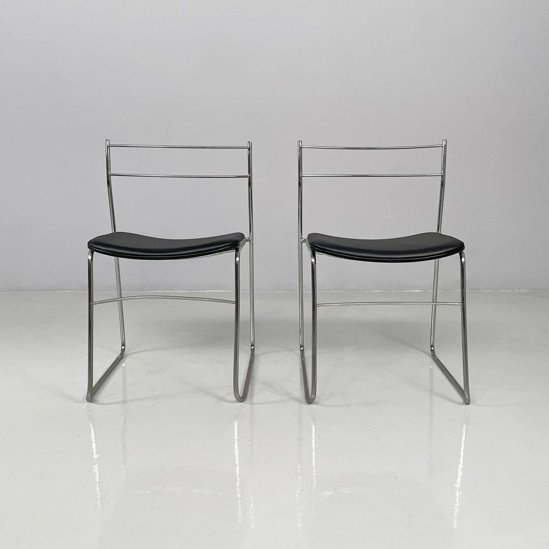 Italian modern steel rod and black leatherette chairs, 1970s For Sale 6