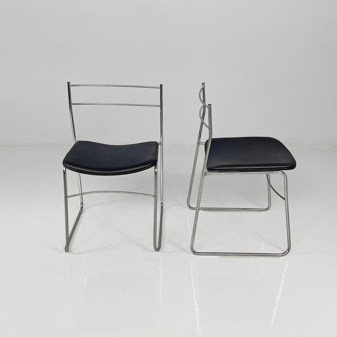 Italian modern steel rod and black leatherette chairs, 1970s For Sale 7