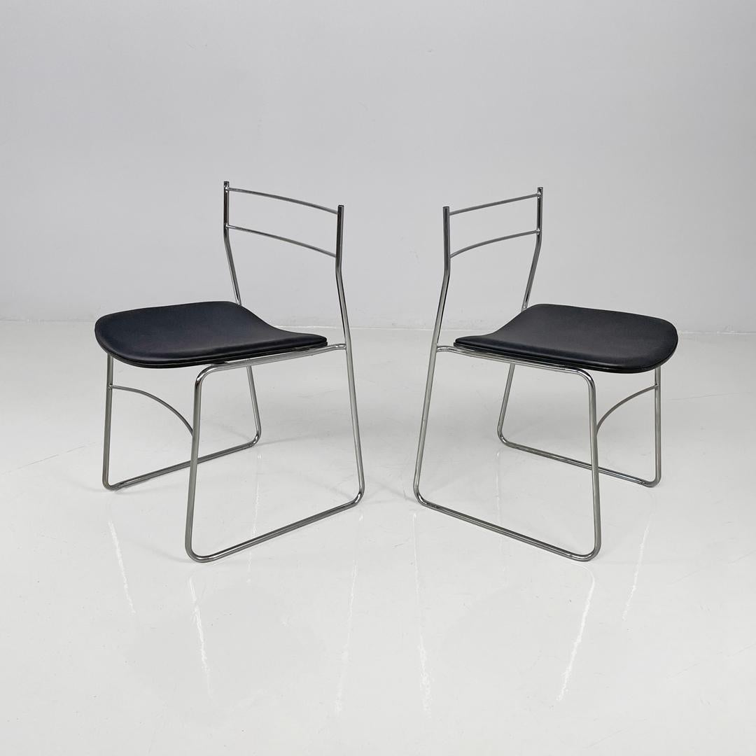 Italian modern steel rod and black leatherette chairs, 1970s For Sale 9