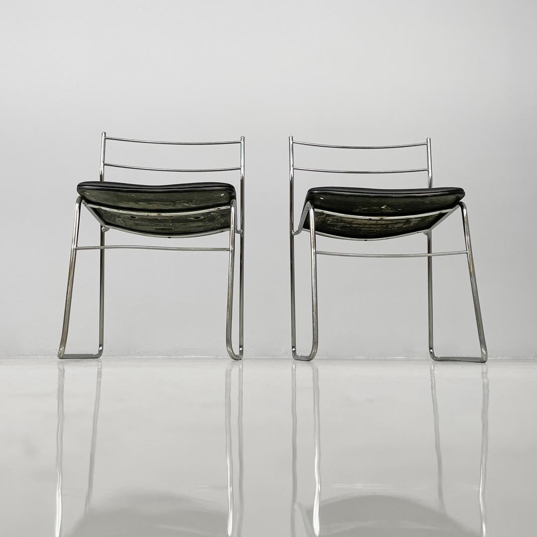 Italian modern steel rod and black leatherette chairs, 1970s In Good Condition For Sale In MIlano, IT