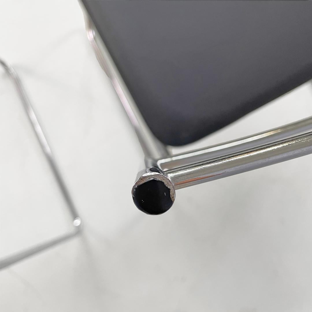 Faux Leather Italian modern steel rod and black leatherette chairs, 1970s For Sale