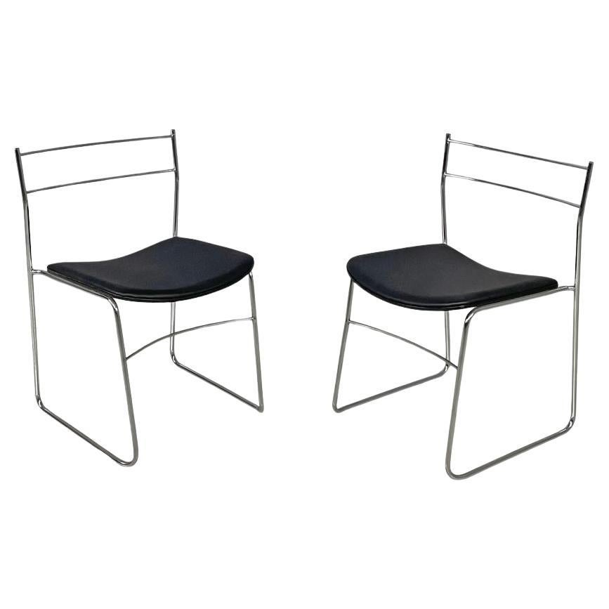 Chaises modernes italiennes en tige d'acier et en similicuir noir, 1970