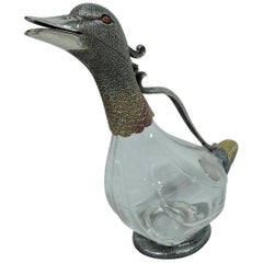 Italian Modern Sterling Silver and Enamel Quacking Duck Decanter