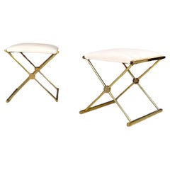 Vintage Italian modern Stools in golden metal and white fabric, 1980s