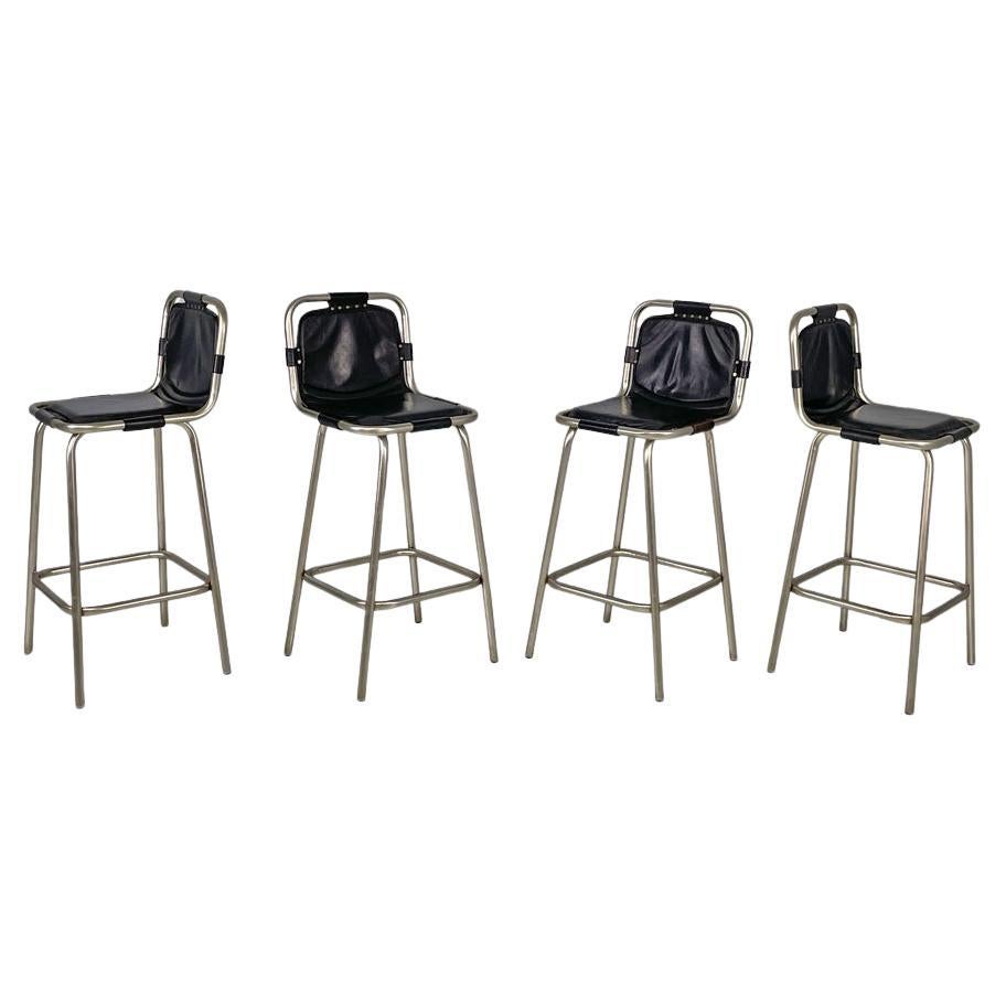 Italian modern stools in metal and black leather, 1970s