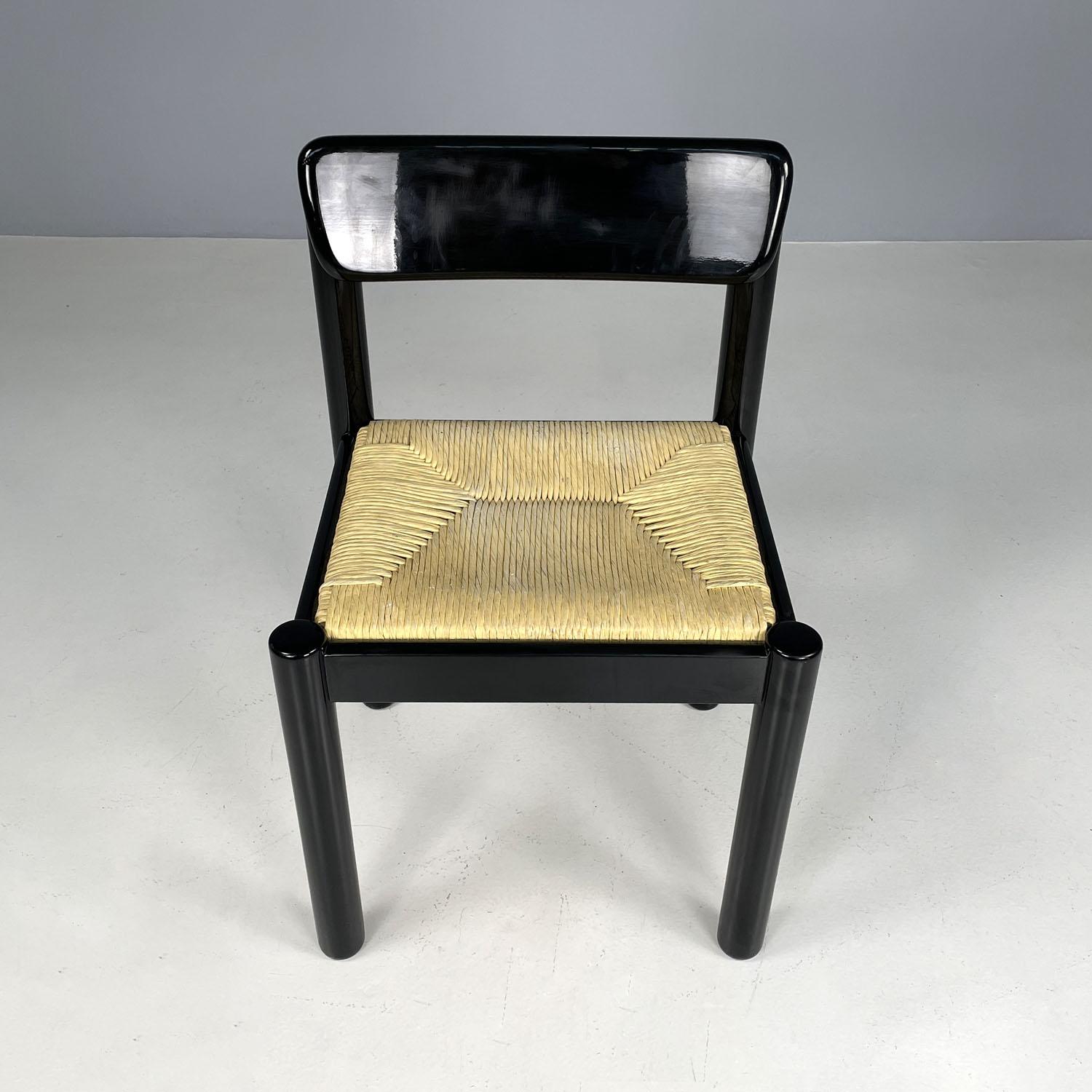 Straw Italian modern straw and black wood chair, 1970s For Sale