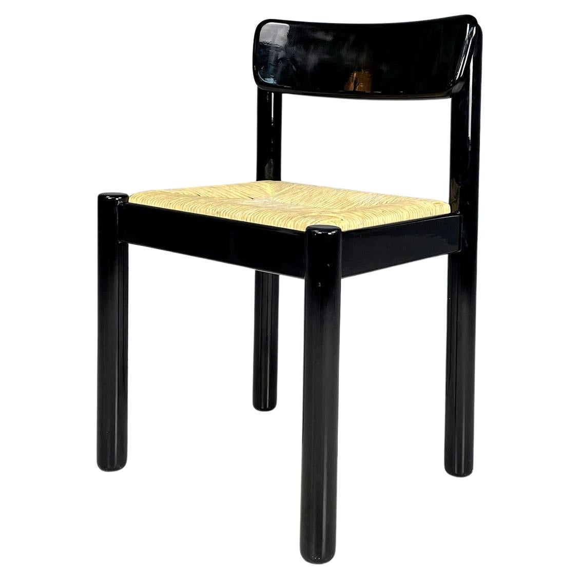 Italian modern straw and black wood chair, 1970s For Sale