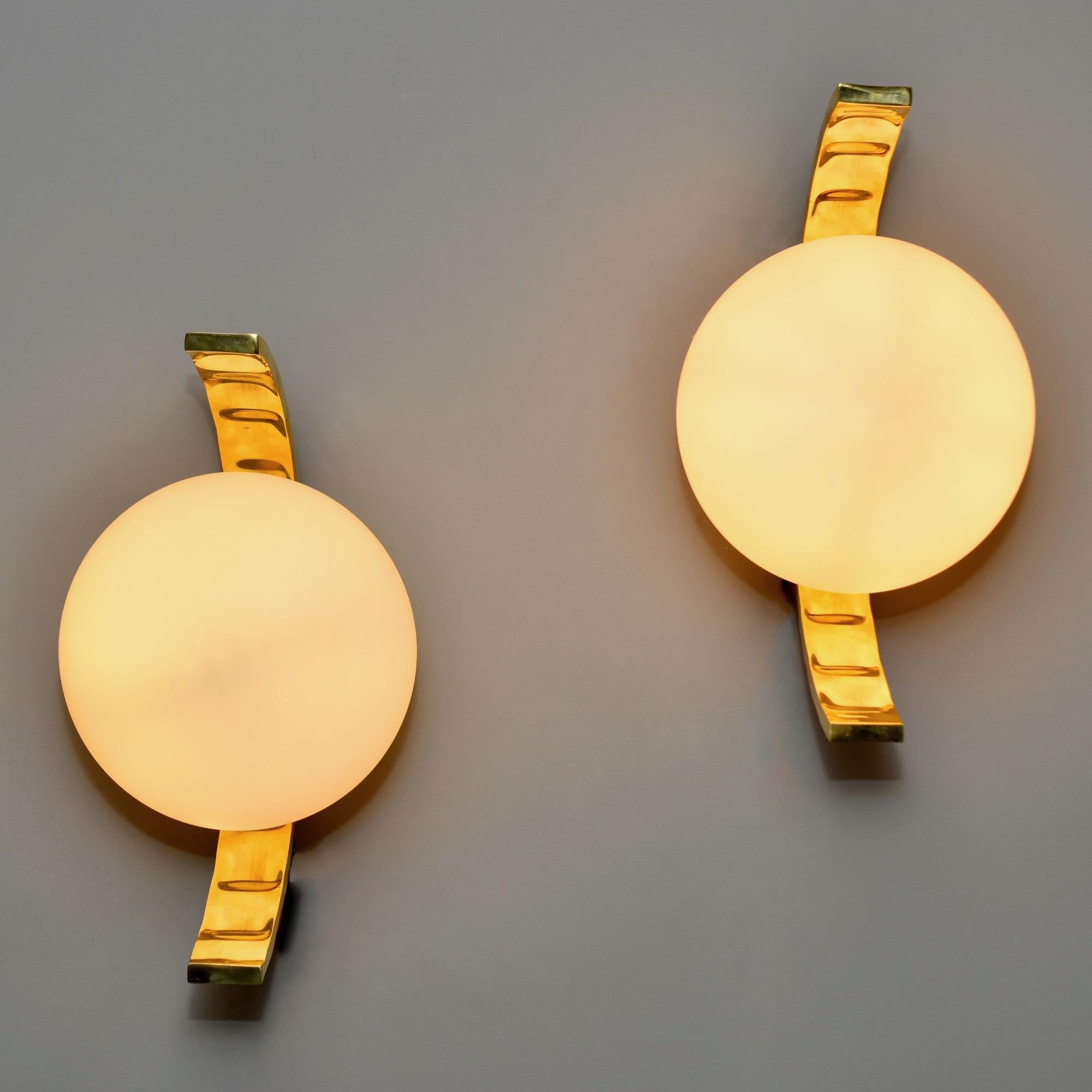 Mid-Century Modern Italian Modern Style Sconces with White Glass Globes and Brass Fittings