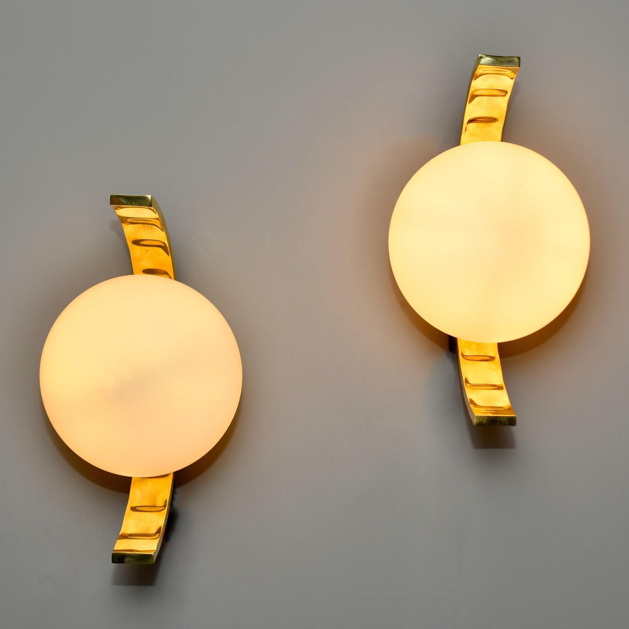 Italian Modern Style Sconces with White Glass Globes and Brass Fittings In New Condition In Troy, MI