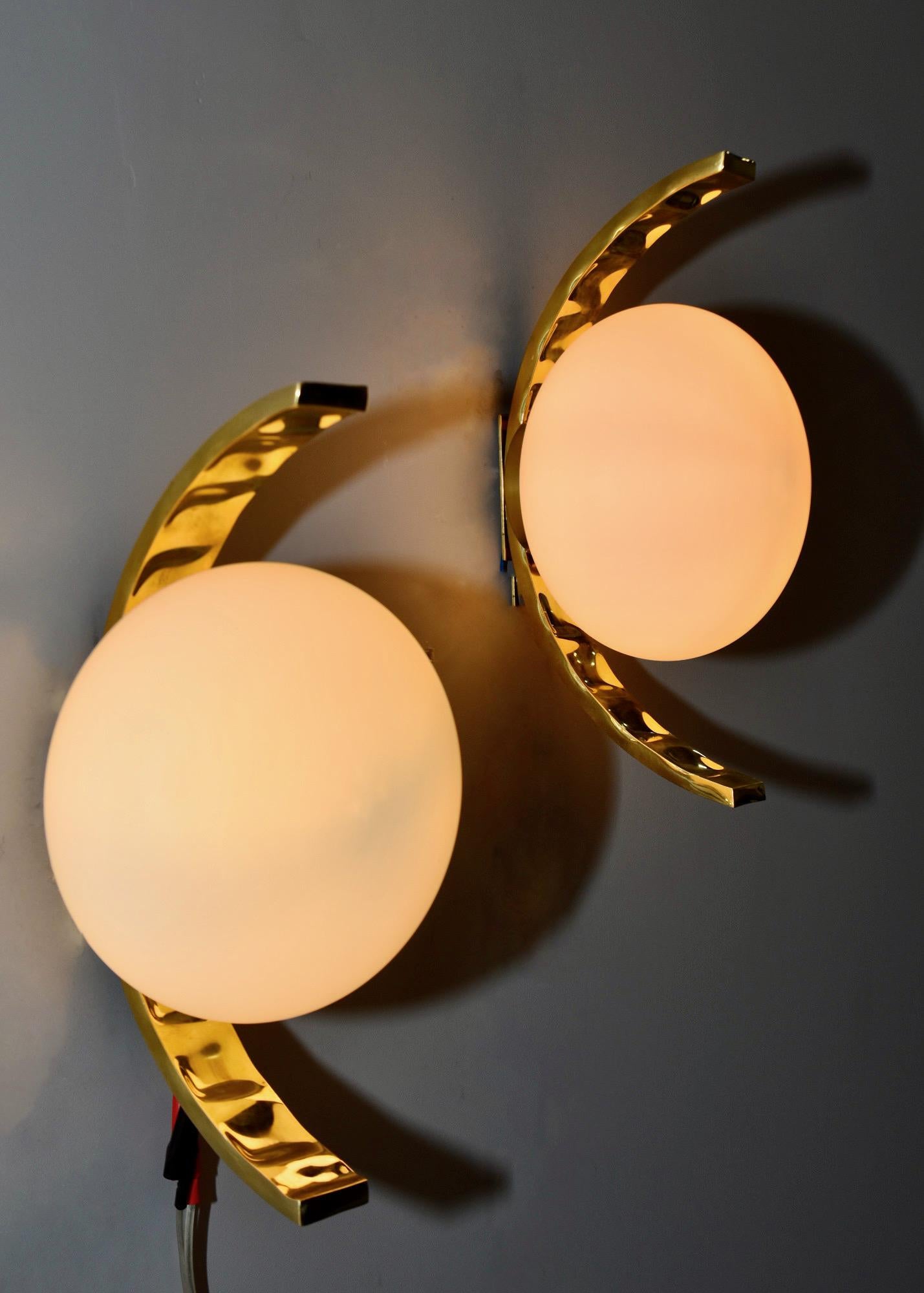 Contemporary Italian Modern Style Sconces with White Glass Globes and Brass Fittings