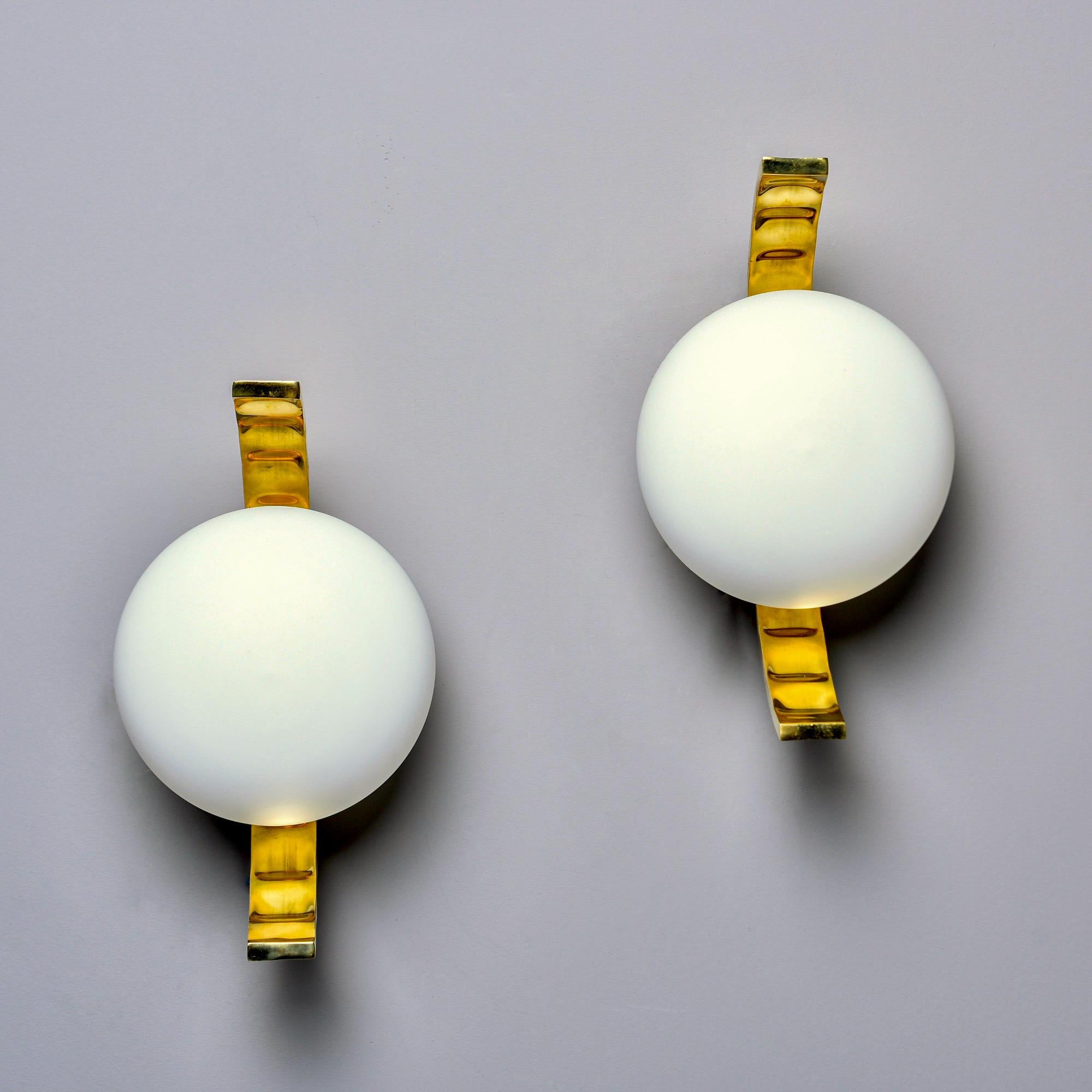 Italian Modern Style Sconces with White Glass Globes and Brass Fittings 2