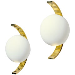 Italian Modern Style Sconces with White Glass Globes and Brass Fittings