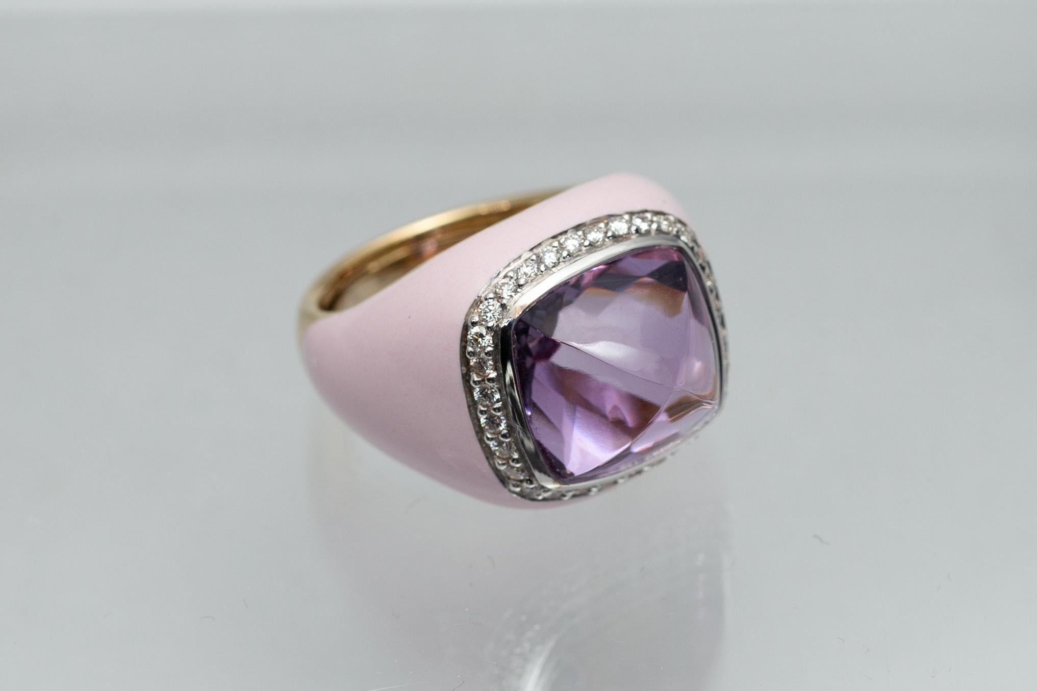 Women's Italian Modern Sugarloaf Cabochon Amethyst Pink Enamel and Yellow Gold Ring