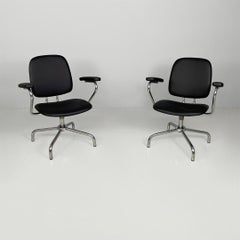 Italian modern swivel office chairs in steel and faux leather, 1960s