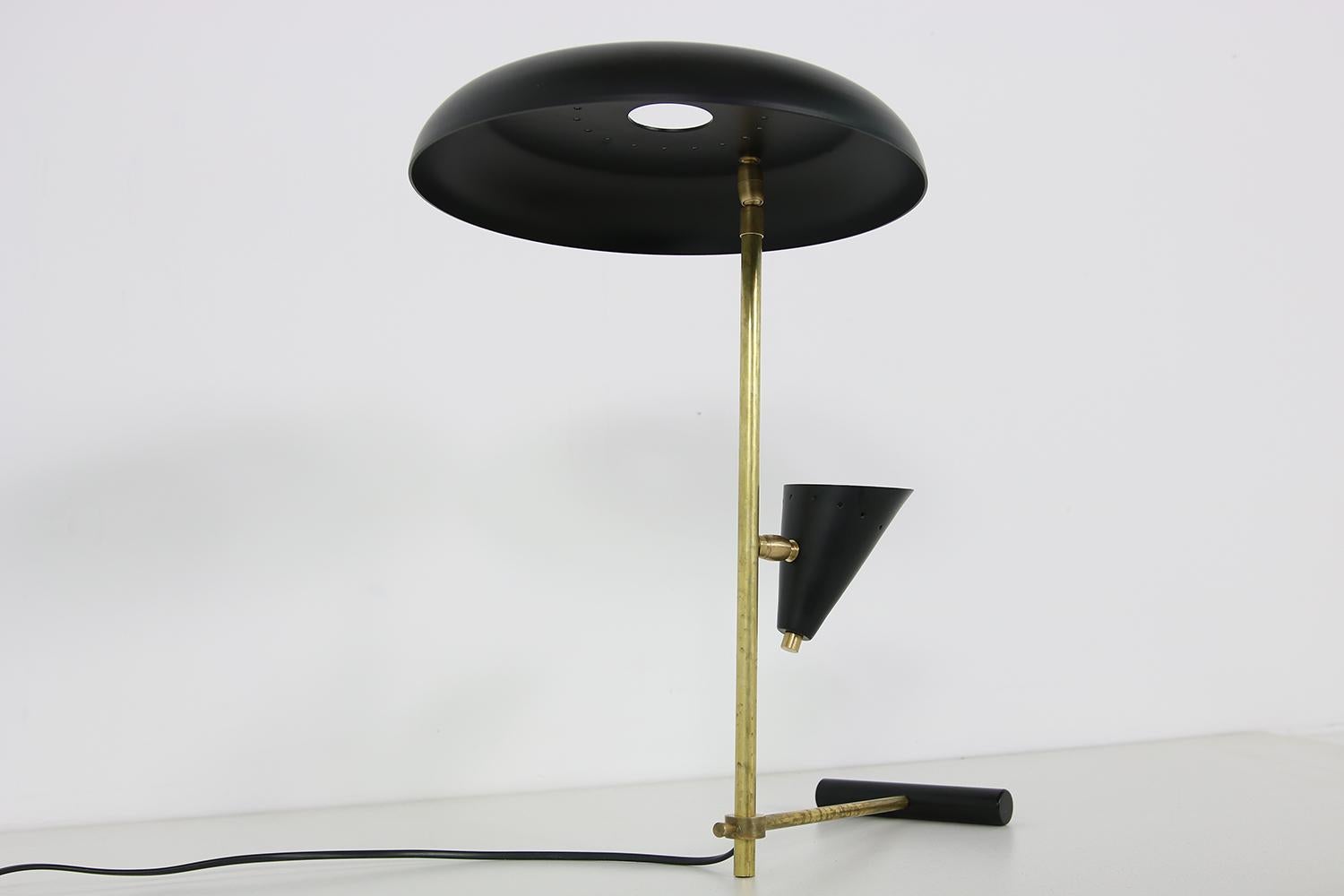 Metal Italian Modern Table Lamp Black & Brass with Adjustable Lampshade Stilnovo Style For Sale