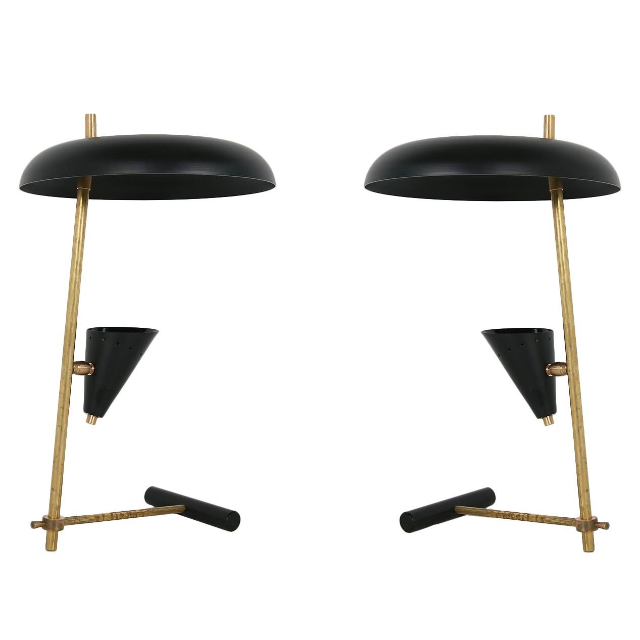 Italian Modern Table Lamp Black & Brass with Adjustable Lampshade Stilnovo Style