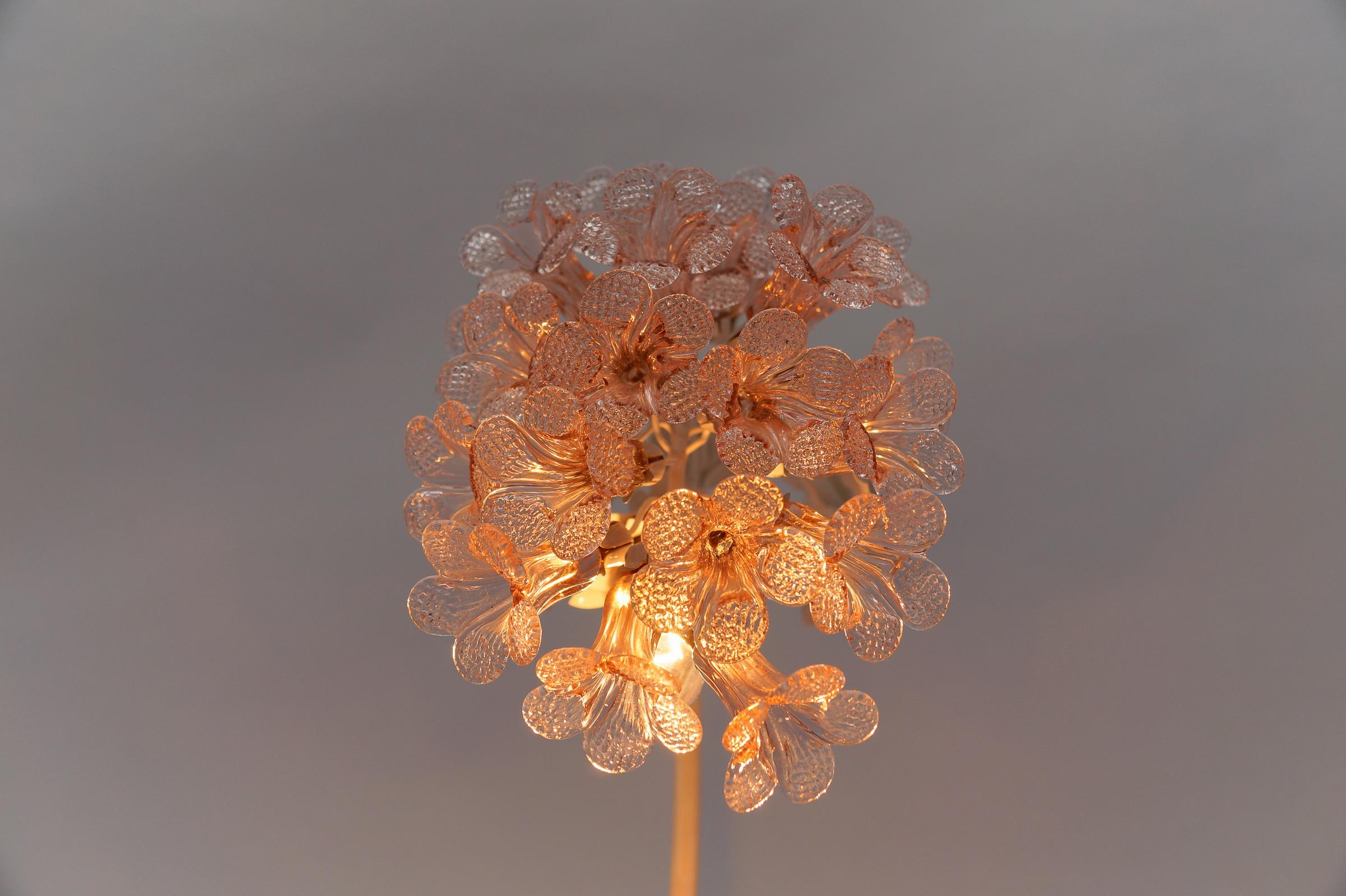 Metal Italian Modern Table Lamp made in Pink Murano Glass Flowers, 1960s Italy For Sale