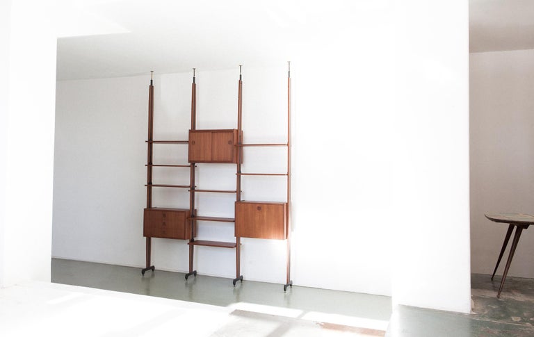 Italian Modern Teak And Iron Floor To Ceiling Wall Unit