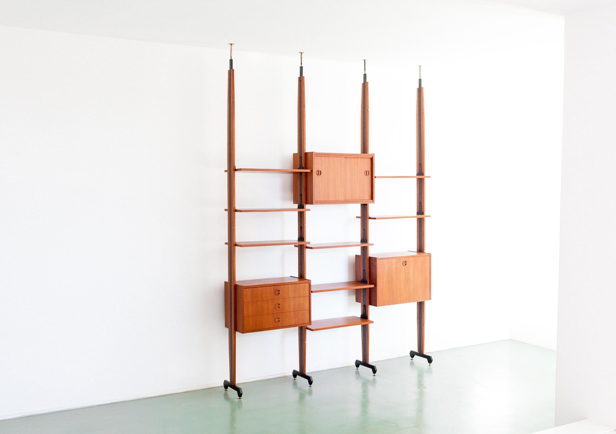 Mid-20th Century Italian Modern Teak and Iron Floor to Ceiling Wall Unit, 1950s