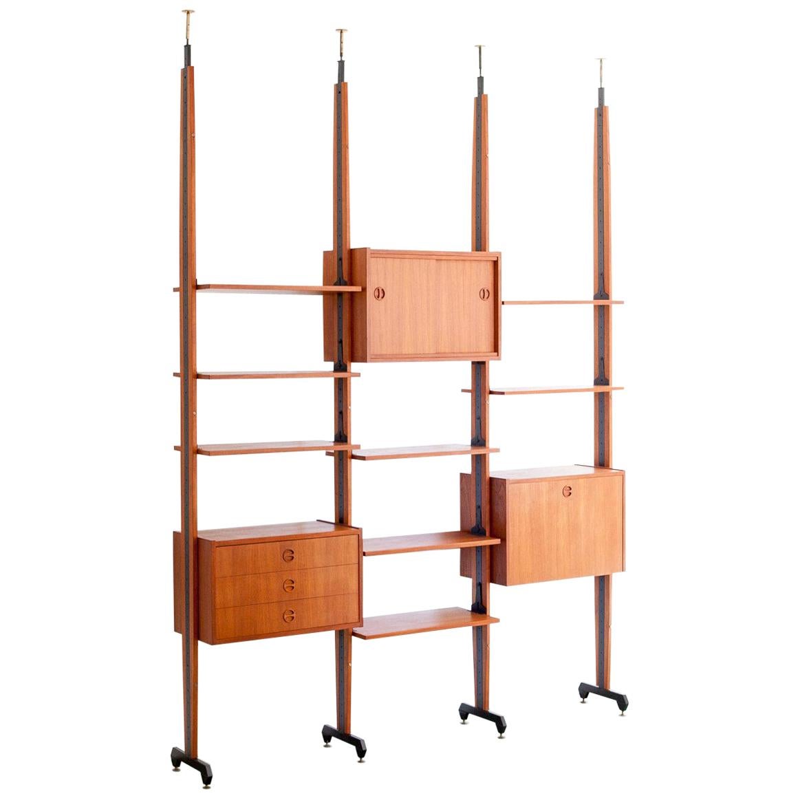 Italian Modern Teak and Iron Floor to Ceiling Wall Unit, 1950s