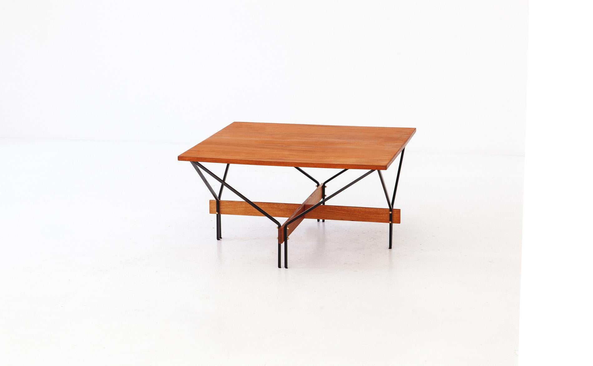 Italian Modern Teak and Iron Square Coffee Table with Iron Frame, 1950s 1