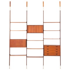 Italian Modern Teak Brass Floor to Ceiling Wall Unit Bookshelf for Steve
