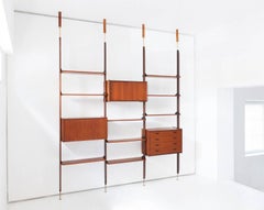 Italian Modern Teak Brass Floor to Ceiling Wall Unit Bookshelf Library, 1950s