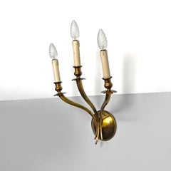 Italian modern three-armed decorated brass wall light with wooden candles, 1970s