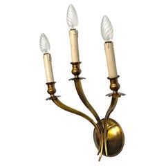 Italian modern three-armed decorated brass wall light with wooden candles, 1970s