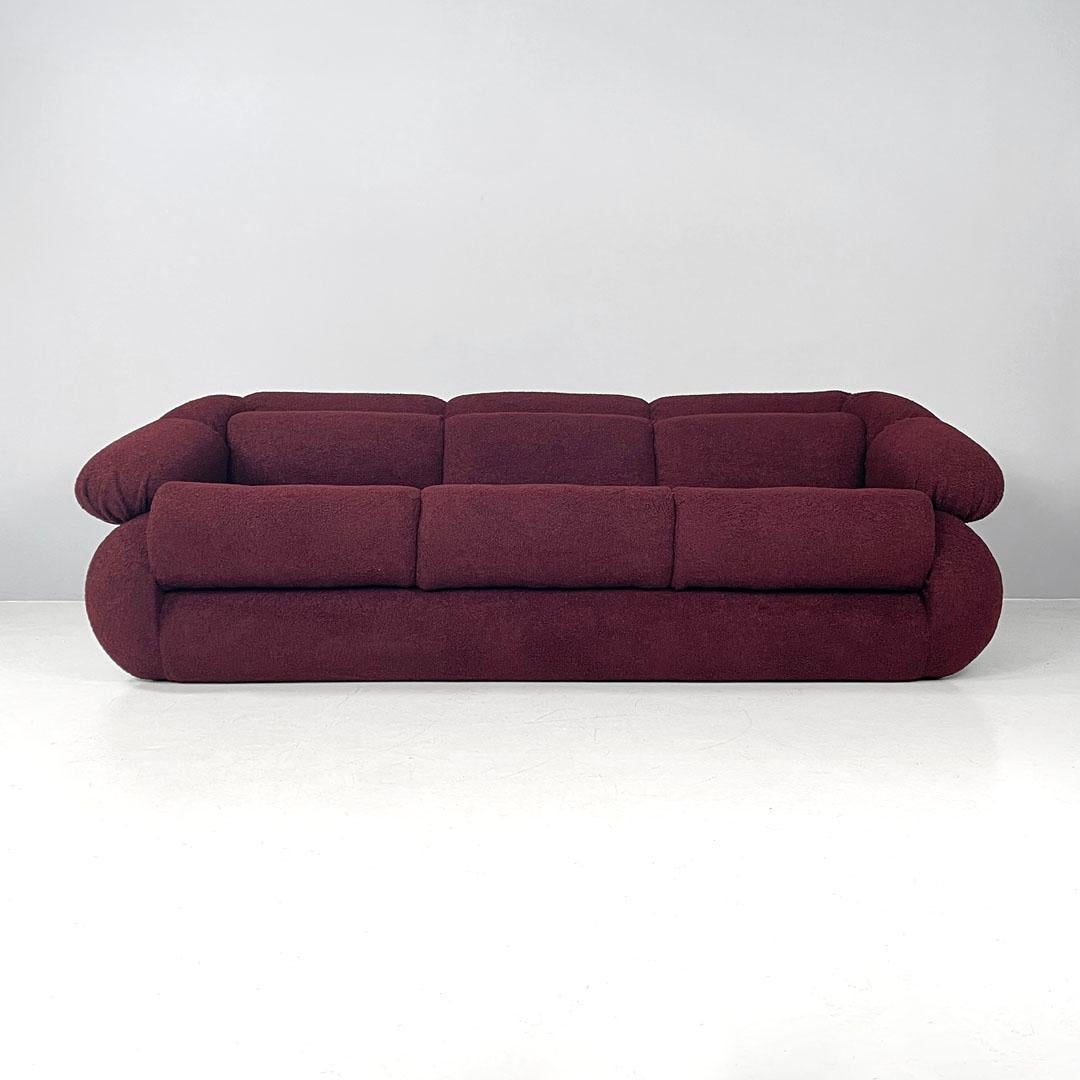 Modern Italian modern three-seat sofa in burgundy teddy fabric, 1970s For Sale