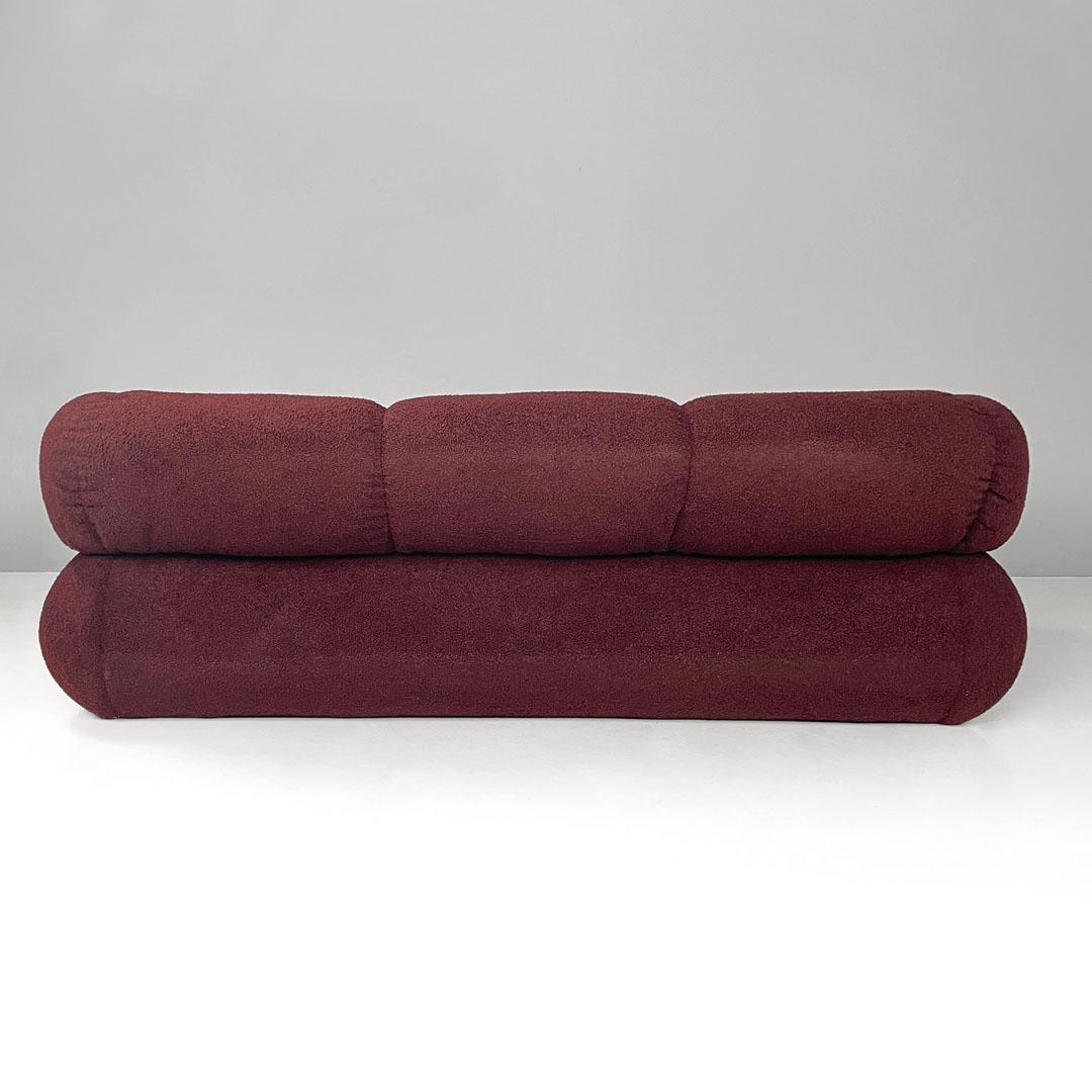 Late 20th Century Italian modern three-seat sofa in burgundy teddy fabric, 1970s For Sale